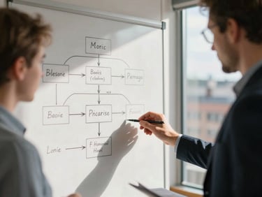 Close-up of three colleagues collaborating over an organizational chart on a whiteboard in a sunlit Copenhagen office, natural daylight, soft shadows.