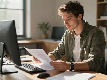Focused startup founder reviewing documents in a sunlit workspace, warm natural lighting, soft shadows, modern minimalist styling.