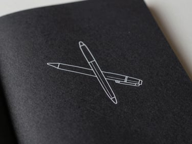 minimalist book cover, dark background, single white line drawing, flat lay with a fountain pen, high contrast shadows