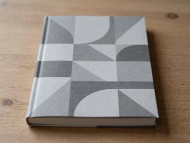 minimalist book cover, monochrome palette, abstract geometric pattern, flat lay on a wooden desk, natural light