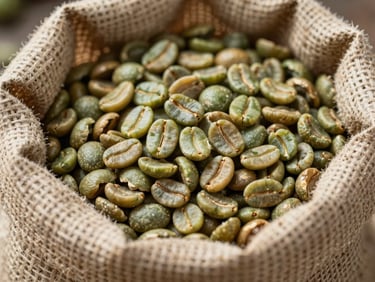 Macro close-up of raw, unroasted green coffee beans in a stenciled jute export sack, high-contrast natural daylight, focus on bean textures and agricultural grading.