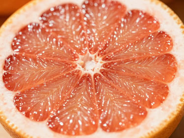 Close-up of a halved ruby red grapefruit, vibrant pink flesh sparkling with juice, shallow depth of field, natural sunlight.
