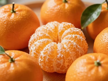 Crisp macro photograph of a segmented tangerine, bright orange color, with a few green leaves, sun-drenched, shallow depth of field.
