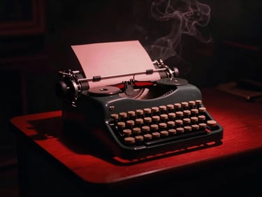 Low-key atmospheric shot of a vintage typewriter in a dark room, single red light casting long shadows on paper