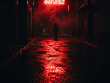 Atmospheric urban nightscape, wet asphalt reflecting red neon lights, mysterious silhouette in the background