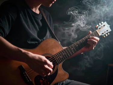 Moody close-up of hands playing an acoustic guitar, dramatic backlighting with smoke swirling in the dark