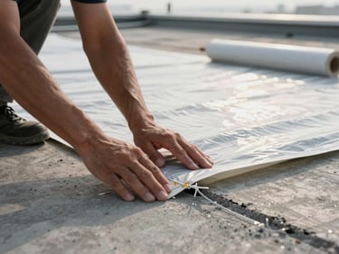 Close-up of a waterproofing membrane being applied to a flat concrete roof deck, worker's hands pressing seam under diffuse morning light, material rolls and adhesive visible in the background