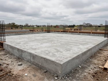 Wide shot of a completed residential foundation and ground floor slab under overcast daylight, formwork removed, clean concrete edges visible, rebar ties still present at column bases