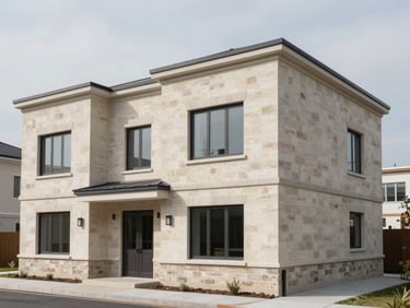 Wide environmental shot of a completed two-story masonry residential building under overcast light — rendered external walls, window frames installed, clean street-level view showing full facade scale
