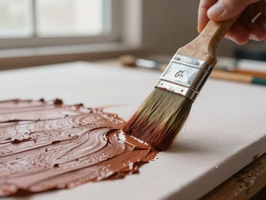 Close-up of a painter's brush loaded with raw umber touching canvas, studio window light from above left, no people visible, only the tool and the surface in contact