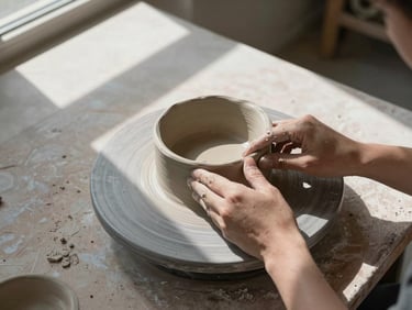Overhead shot of a ceramic work in progress on a studio table, hands shaping wet clay, north window light casting long soft shadows across the textured surface, no faces