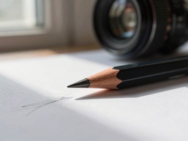 Close-up of a graphite pencil tip resting on a white drawing surface, morning window light from the left, faint mark trails visible on the paper, studio environment out of focus behind