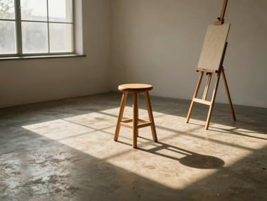Empty studio interior at golden hour, a wooden stool and an easel casting long shadows across a bare concrete floor, no people present, warm raking light from a west-facing window
