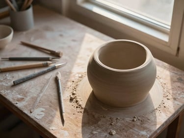 Overhead view of a studio work surface with ceramic tools arranged beside an unfinished clay form, early golden-hour light entering from a narrow window, dust and texture visible on the board beneath