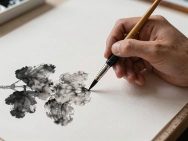 Close-up of an artist's ink-stained fingers holding a fine brush above a half-finished ink wash painting on textured paper, diffuse natural light from above, work surface visible at edges