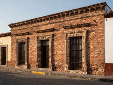 Medium shot of a traditional brick facade house in Zapopan, warm afternoon light, clean streetscape, realistic tapatío architecture.