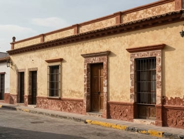 Medium shot of a quiet residential street in Tlaquepaque, warm natural daylight, typical local clay details on the facade.