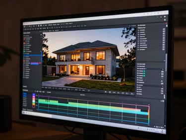 Close-up of a high-end editing suite monitor displaying color-grading curves on a luxury home exterior at golden hour, dark ambient studio background.
