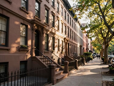 Classic historic brownstone street in New York, warm morning sun filtering through trees, clean perspective, architectural depth, 35mm lens.