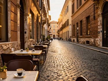 Sun-drenched cobblestone street in Rome, outdoor cafe tables with espresso, warm golden hour light, architectural details, 35mm lens.
