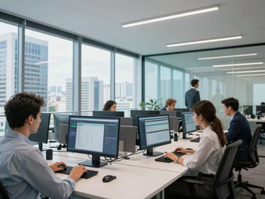 Wide-angle modern office interior in São Paulo, bright daylight reflecting on glass panels, professionals working with digital dashboards visible on tablet screens.