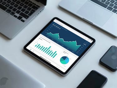 Flat-lay of modern tech tools on a clean desk, tablet displaying financial growth metrics, cool professional lighting.
