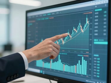 Close-up of hands pointing at a financial chart on a screen during a strategic meeting, cool teal tones.