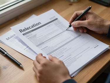 Close-up of hands holding a printed relocation packet and market data report on a wooden desk, natural window light from the left, pen resting beside the papers, documentary close-up framing
