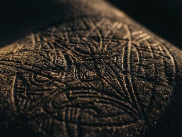 Macro close-up of a laser engraving detail on dark suede, showing deep etched lines and texture, warm golden-hour side light, rich shadows, 35mm film.
