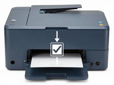 A clean technical diagram of a computer connected to a printer, showing a secure data flow arrow with a checkmark, neutral studio lighting, slate blue accents.