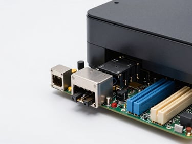 A clean technical diagram showing a computer motherboard port connecting cleanly to a printer interface, neutral studio lighting, high-clarity schematic style