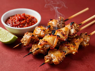 Skewers of Sate Taichan (grilled chicken skin) fresh off the grill, slightly smoky, with a small bowl of red sambal korek and lime wedges beside it, warm dramatic side-lighting, rich saturated red and golden tones, macro depth of field.