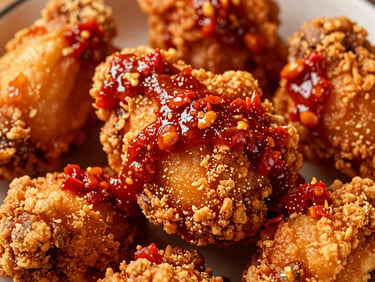 Close-up of crispy fried chicken (Ayam Geprek) with a generous topping of bright red sambal korek chili paste, glistening, warm dramatic side-lighting, rich saturated red and golden tones, macro depth of field.