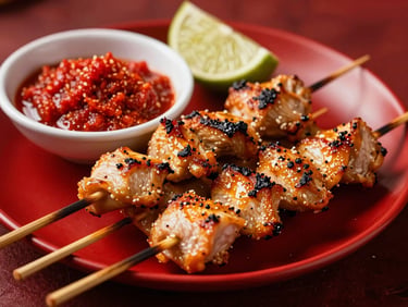 Skewers of Sate Taichan (grilled chicken breast) fresh off the grill, slightly smoky, with a small bowl of red sambal korek and lime wedges beside it, warm dramatic side-lighting, rich saturated red and golden tones, macro depth of field.