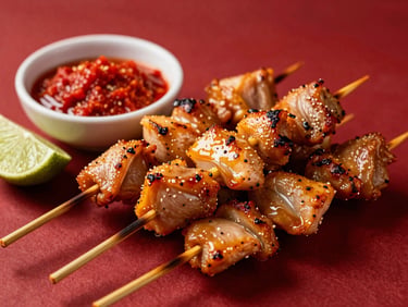 Skewers of mixed Sate Taichan (chicken breast and skin) fresh off the grill, slightly smoky, with a small bowl of red sambal korek and lime wedges beside it, warm dramatic side-lighting, rich saturated red and golden tones, macro depth of field.