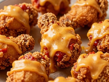 Close-up of crispy fried chicken (Ayam Geprek) covered with melted golden cheese, with a hint of red chili paste underneath, warm dramatic side-lighting, rich saturated red and golden tones, macro depth of field.