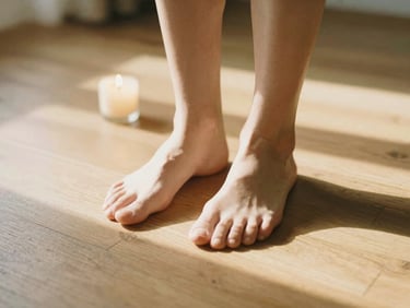 Bare feet in contact with warm wooden floorboards, soft natural afternoon light casting long shadows, warm organic editorial style, shallow depth of field, 35mm film
