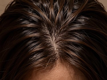 Macro studio shot of clean, healthy hair follicles and scalp, showing dense hair texture under dramatic low-key lighting.