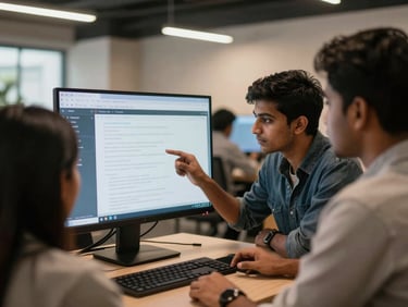 Over-the-shoulder shot of two Indian students analyzing an AI prompt screen in a modern, well-lit Ranchi co-working space, cool screen glow, warm ambient lighting.