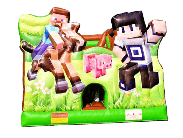 Inflatable Minecraft bounce house featuring Steve on a horse and pixelated characters for a kids party rental.