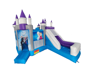 Frozen themed inflatable bounce house with slide and castle turrets in blue and purple.