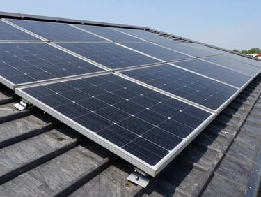 Sharp architectural close-up of premium black monocrystalline solar panels mounted on a dark standing-seam metal roof, crisp daylight, technical slate tones
