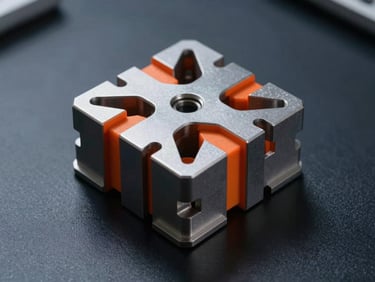 Close-up of a geometric metallic array unit on a lab bench, harsh studio lighting, safety orange accents, deep slate background.