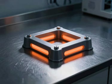 Clinical laboratory environment with a steel test bench holding a geometric boundary stabilizer, harsh shadows, safety-orange light-pipe accents, industrial product photography