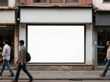 Street-level exterior of a narrow-frontage retail shop in an Indian commercial street, signage board blank, overcast midday light, pedestrian pavement in foreground showing foot traffic context