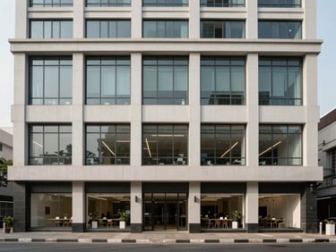 Exterior facade of a mixed-use commercial building in India, ground floor retail units visible, upper floors with office windows, street-level perspective, neutral overcast daylight, no people