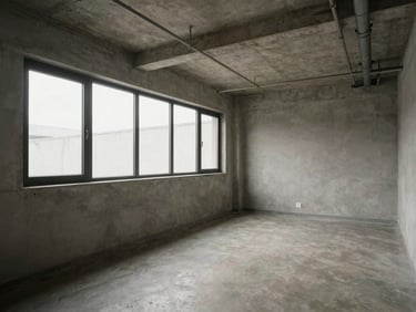Wide interior of a compact office suite, south-facing clerestory windows casting diffused light on bare walls, concrete ceiling with exposed conduit runs, screed floor, no furniture or people, documentary wide-angle framing