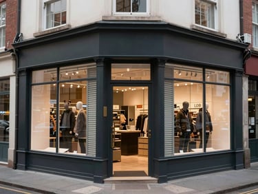 Exterior street-front of a double-frontage retail unit at the corner of two pedestrian streets, even overcast light, shutters partially open showing tiled interior floor, neighbouring signage visible for foot-traffic context, no people, documentary framing