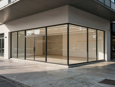 Wide interior shot of an empty ground-floor retail shop, north-facing glass frontage casting even daylight across bare concrete floors, high 11-foot ceilings visible, structural columns framing the space, no furniture or people, documentary clarity