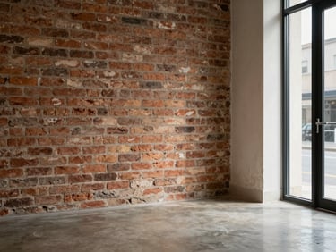 Interior detail of a retail shop, close-up on exposed brick wall and polished concrete floor under natural window light, architectural column with original plaster visible, no people or furniture, documentary framing